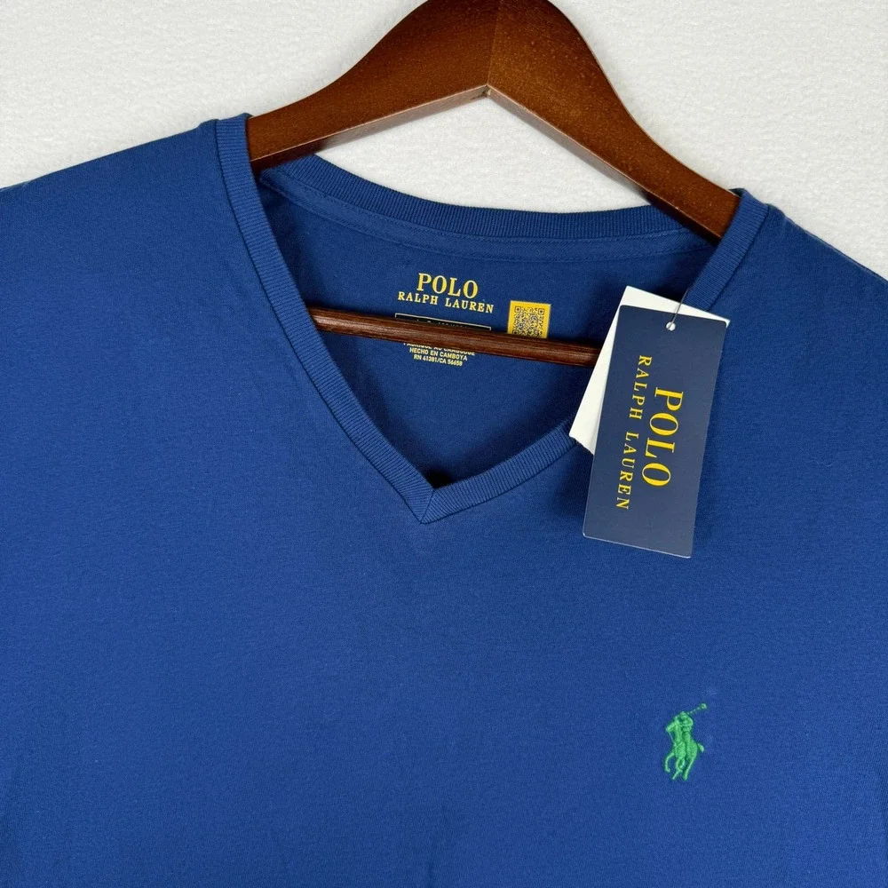 NWT Polo Ralph Lauren V-Neck T-Shirt Mens Large Blue Green Pony Logo